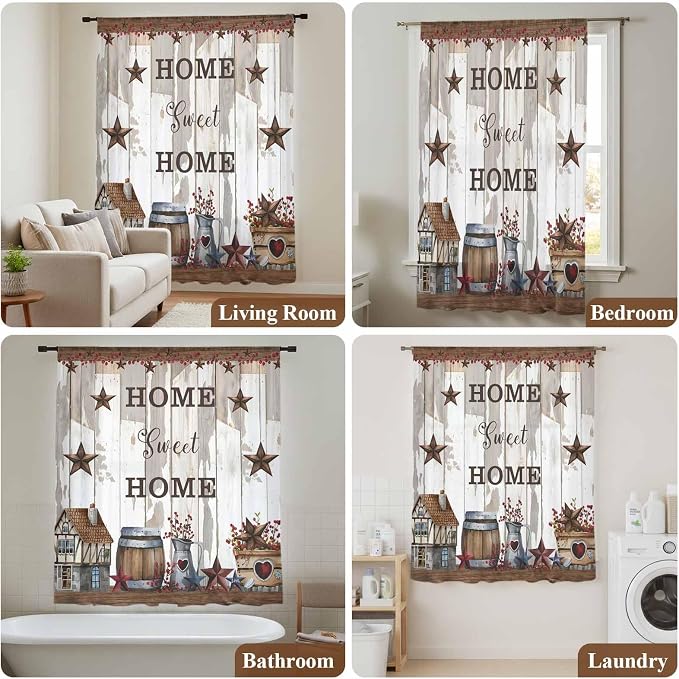 Farmhouse Sheer Curtains 96 Inch Length Retro Country Star Berry Vintage Wood - Image 7