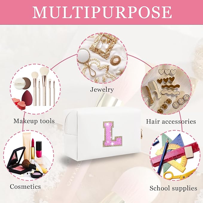 Initial Letter Patch Makeup Bag, Small Preppy A-Z Glitter Letter Cosmetic Bag, PU Leather Waterproof Travel Toiletry Bag, Cute Make Up Pouch Personalized Monogrammed Gift for Women Teen Girls