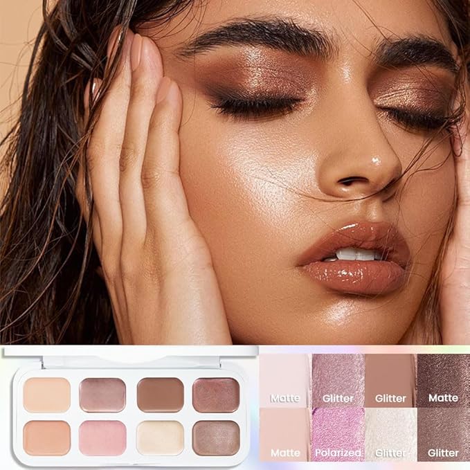 Kaely 8 Colors Cream Eyeshadow Contour Highlighter Palette Makeup, Nude Rose Pink Chocolate Coffee Beige Brown Matte Shimmer Glitter Highly Pigmented Eye Shadow Palette for Older Women Waterproof