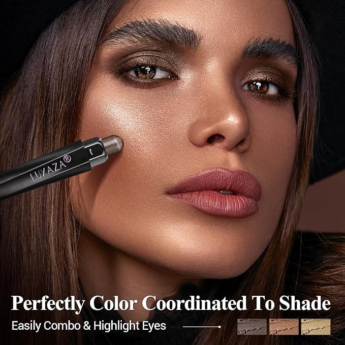 Brown Eyeshadow Stick Makeup Set 3PCS, Neutral Shimmer And Matte Cream Eye Shadow Palette, Metallic Bronze Smoky Eyeliner Brightener Crayon Pencil Kit, Ideal Gift for Women -Golden Glow