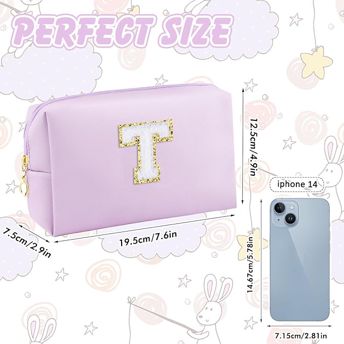 Gifts for Girls Initial Makeup Bag Personalized Cosmetic Bag with Zipper Cute Travel Toiletry Bag Waterproof PU Preppy Makeup Pouch Birthday Gift for Teen Girls Women(Purple T)
