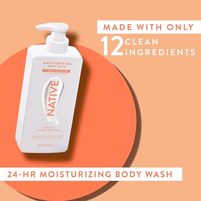 Native Moisturizing Body Wash Contains Naturally Derived Ingredients | For Women & Men, Sulfate, Dye, & Paraben Free Leaving Skin Soft and Hydrated | Peach & Orange Blossom 18 oz