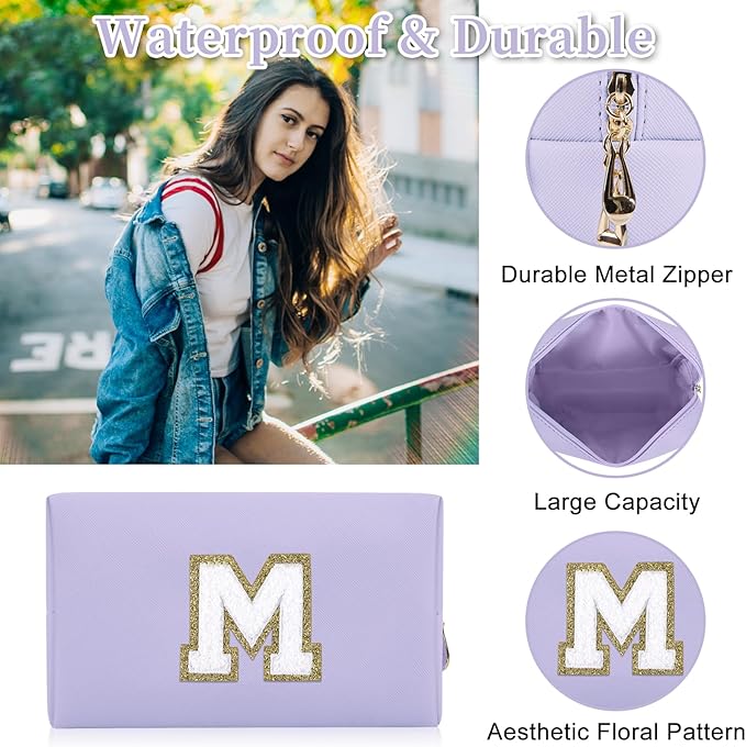Personalized Initial Letter Patch Makeup Bag, Preppy Small Chenille Cosmetic Bag with Zipper, PU Leather Waterproof Travel Toiletry Bag Monogram Make Up Pouch for Women Girls