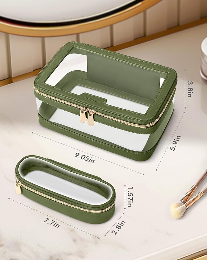 Travel Clear Makeup Bag with Makeup Brush Bag, Leather Makeup Case Toiletry Bag, Portable Cosmetic Bag Case, Transparent Waterproof Cosmetic Organizer Storage Bag for Women, Green