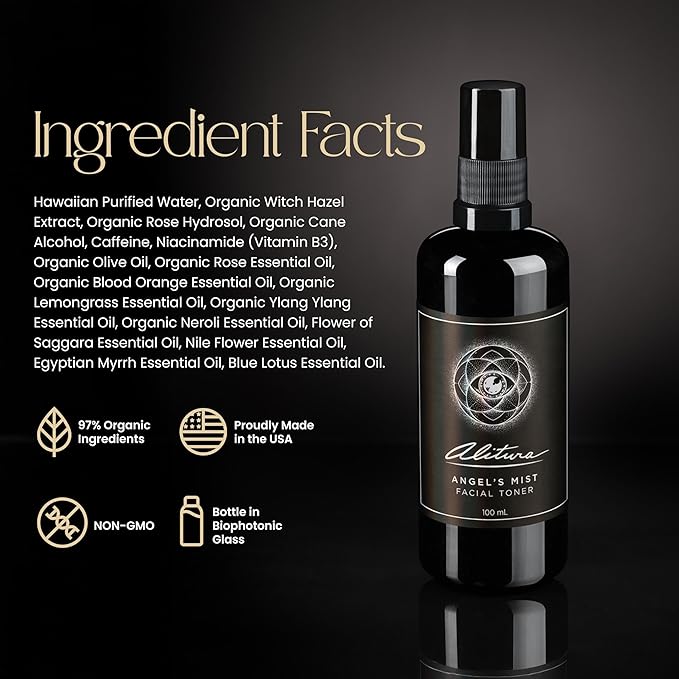 Alitura Angel's Mist Facial Toner – Hydrating & Revitalizing Face Spray with 97% Organic Ingredients – Refreshes, Tightens & Balances for All Skin Types – 100ml