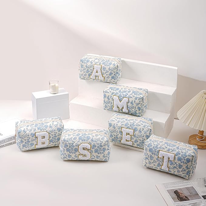 JOVAKIT Alphabet Makeup Bag Cosmetic Bag for Women, Christmas Gifts for Girls Age 6-18, Floral Flowers Coquette Travel Toiletry Zipper Make Up Pouch Organizer Trendy Stuff (2Pcs Blue Floral T)