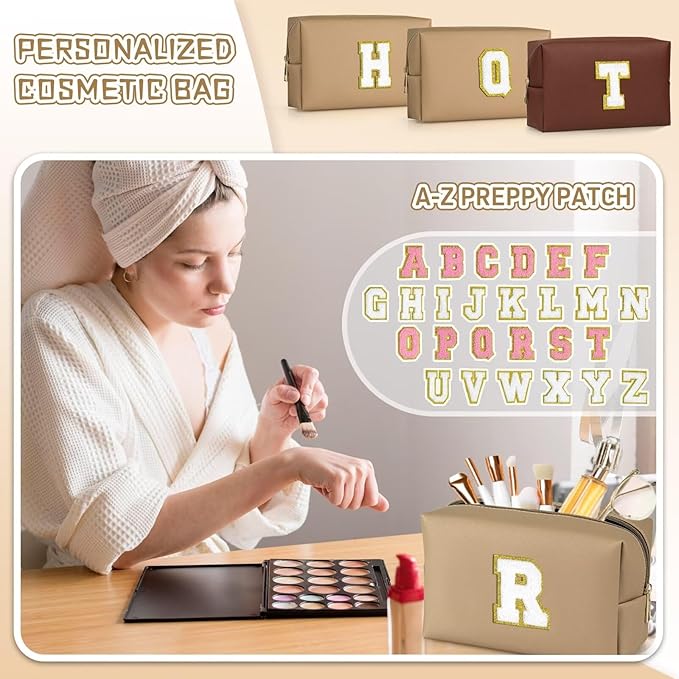 TOPEAST Personalized Birthday Gifts for Women, Preppy Patch Makeup Bag, Chenille Letter Pouch Cosmetic Bag, Travel Organizer, Gifts for Friends, Cute Stuff for Women (Khaki L)