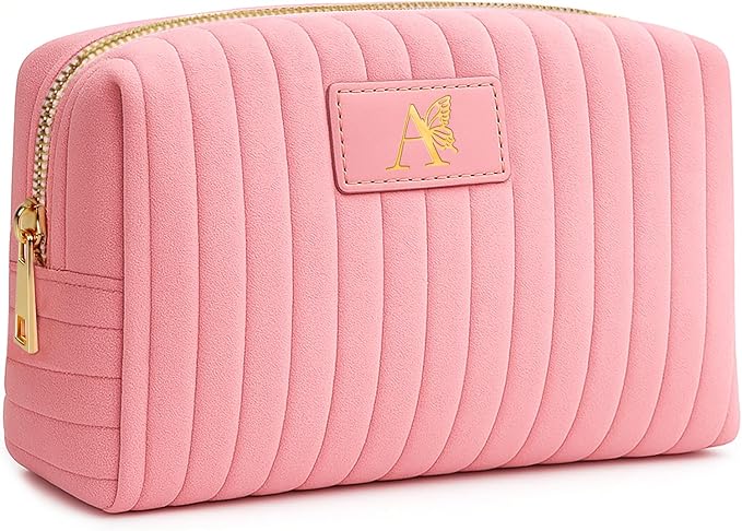 Monogrammed Make Up Bags for Women,Personalized Cosmetic Bags Women,Small Quilted Makeup Pouch,Cute Makeup Bag Travel,Birthday Gifts for Teen Girl (Pink A)