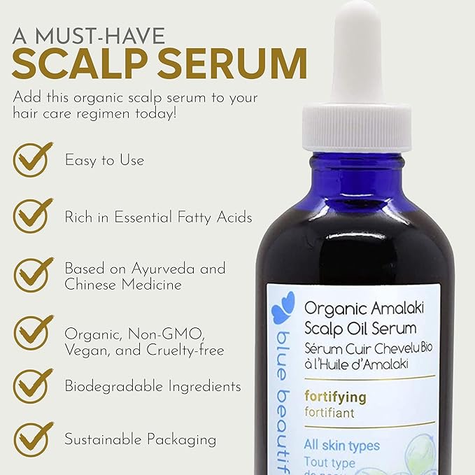 Blue Beautifly Organic Amla Oil for Scalp Serum - Strengthens Hair Follicles, Restores Growth, and Treats Dandruff-USDA Certified Organic - Enriched with Rosemary Oil and Ayurvedic Herbs - 4 fl oz