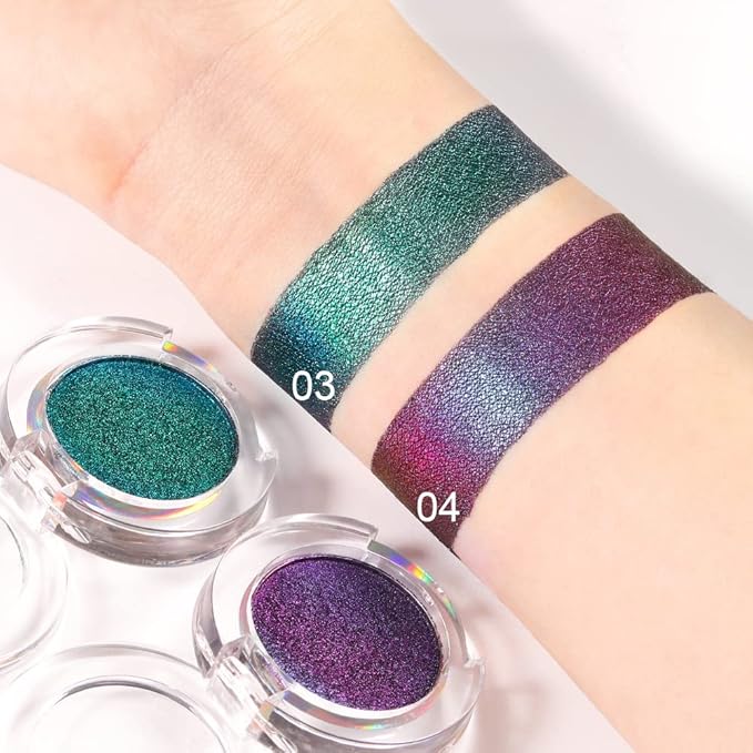 evpct 2Pcs Shimmer Teal Dark Sapphire Blue Bright Purple Multichrome Chrome Single Eye Shadow Palette Makeup for Older Women, Glitter Metallic Duochrome Chameleon Gothic Iridescent Eyeshadow Palette