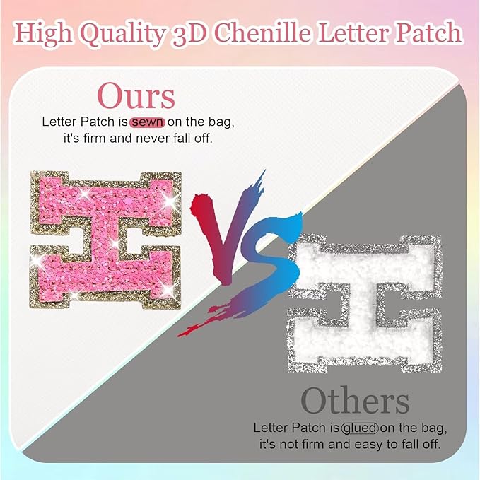 Small Personalized Glitter Initial Letter Makeup Bag, Cute PU Leather Chenille Letters Cosmetic Bag Travel Makeup Pouch, Preppy Travel Organizer Zipper Pouch for Women&Girls（WhiteRosePink-H）