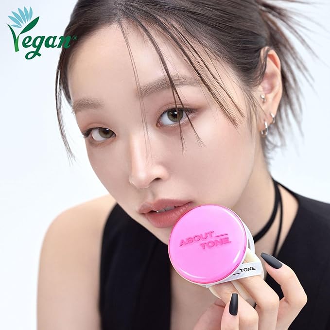 ABOUT TONE Glow Powder Pact 0.28oz - Shining Tone-Up Pressed Powder Compact with Mirror and Puff Natural Peach Pearl Shimmery Blur Finish Face Makeup Setting Finishing Transparent Sebum Control Vegan