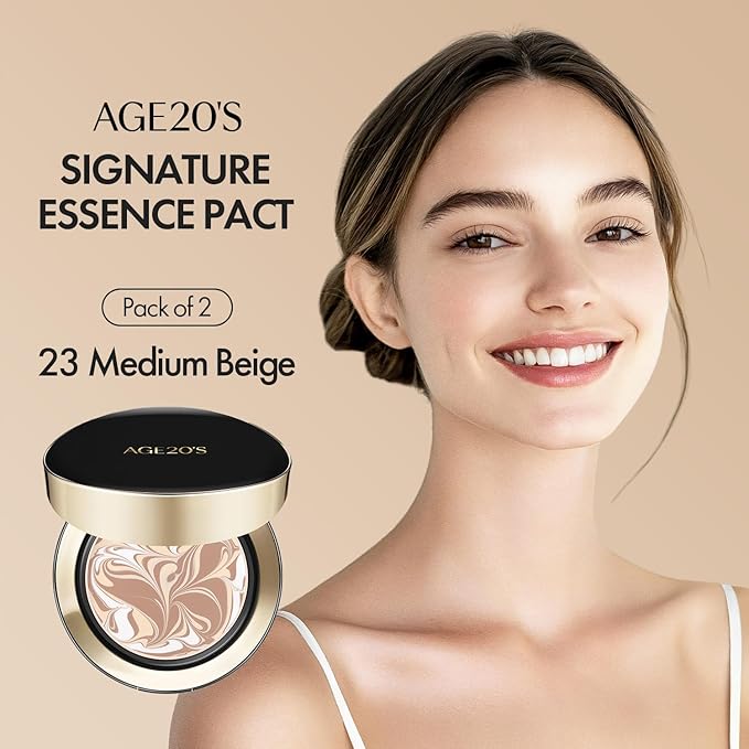 AGE20'S Signature Essence Pact SPF 50+ | Pack of 2 | 23 Medium Beige | Cream Foundation, Dewy Finish, Natural Coverage | Korean Cushion Foundation