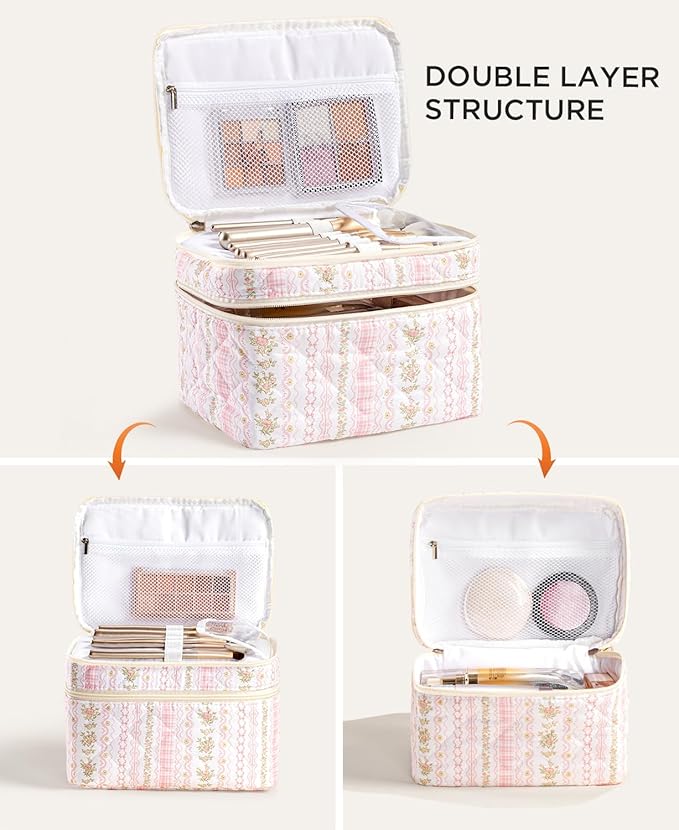 HBselect 2Pcs Travel Makeup Bag, Large Cotton Quilted Makeup Bag Cosmetic Bag Cute Make up Bag Toiletry Bags for Women Girls