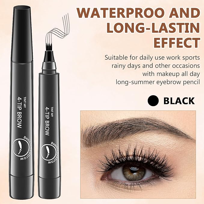 2Pcs Magic Microblading Eyebrow Pencil, 4-Tip Brow Pencil with Micro-Fork Tip, 3D Waterproof Microblading Eyebrow Pen, Eyebrow Tattoo Pen for Natural Makeup (Dark Brown)