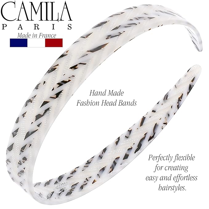 Camila Paris CP3468 French Headband for Women, Handmade White and Gray, Strong Hold Grip Women's Hair Band, Ligth and Very Flexible, No Slip and Durable Styling Girls Hair Accessories, Made in France