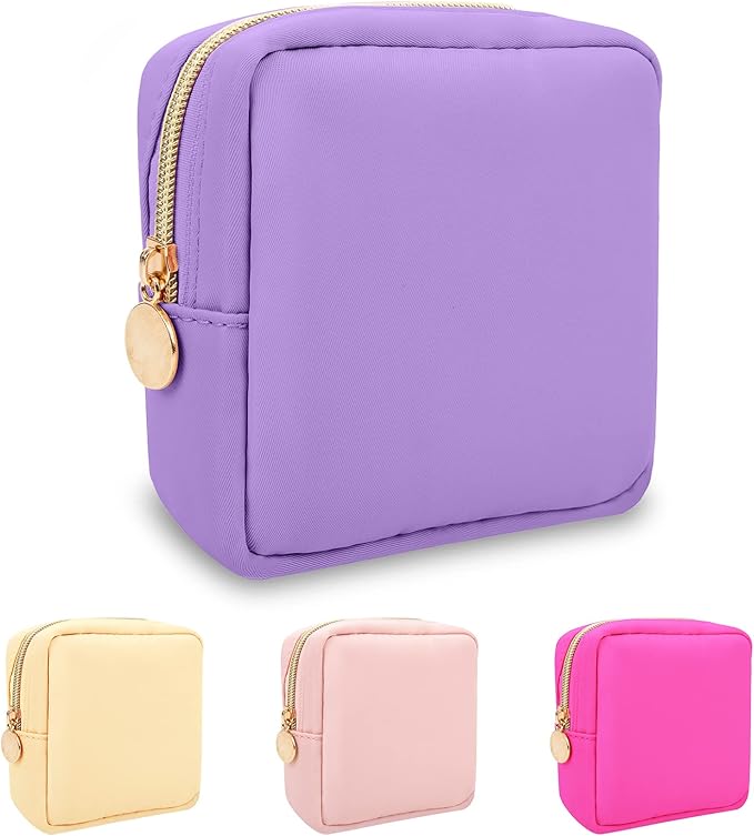 Nylon Mini Makeup Bag for Purse, Preppy Small Cute Makeup Bag Cosmetic Zipper Pouch Purse, Waterproof Travel Coin Pouch Sanitary Napkin Storage Bag Clutch Makeup Organizer for Women Men Girls(Purple)
