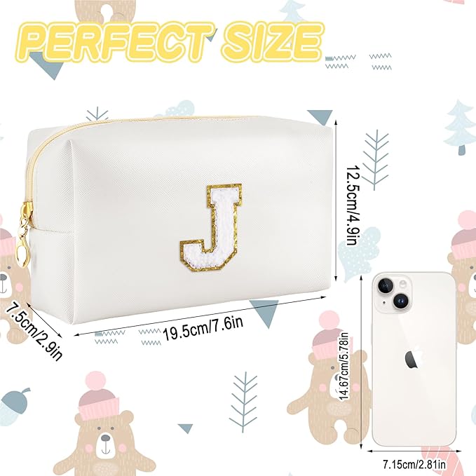 Gifts for Girls Initial Makeup Bag Personalized Cosmetic Bag with Zipper Cute Travel Toiletry Bags Waterproof PU Preppy Makeup Pouch Birthday Gift for Teen Girls Women(White J)