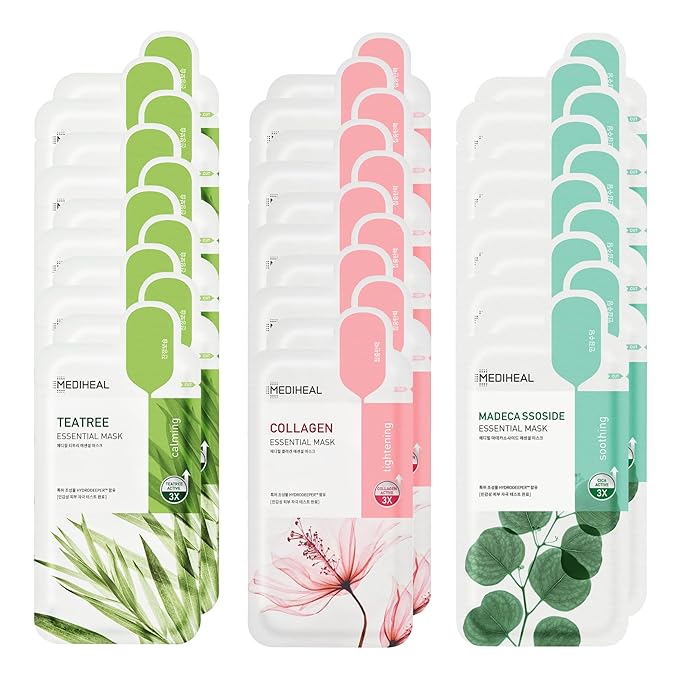 Mediheal Sheet Mask Essential HERO 30 Pack (Collagen, Tea Tree, Madecassoside) | Korean Skincare Facial Sheet Mask Combo, Moisturizing, Soothing and for Blemishes