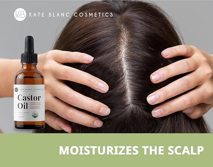 Kate Blanc Cosmetics Castor Oil Organic for Hair, Lashes, Face (2oz), 100% Pure, Cold Pressed, Hexane Free. Eyelash Serum for Thicker-Looking Eyelashes & Eyebrows