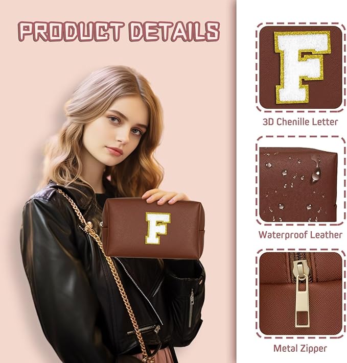 TOPEAST Personalized Birthday Gifts for Women, Preppy Patch Makeup Bag, Chenille Letter Pouch Cosmetic Bag, Travel Organizer, Gifts for Friends, Cute Stuff for Women (Brown L)
