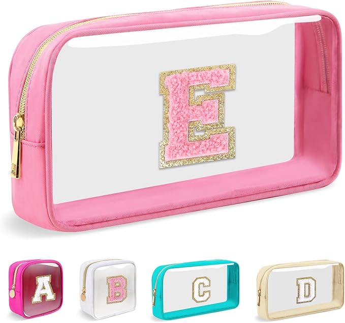 Small Clear Personalized Initial Makeup Bag,Nylon Preppy A-Z Chenille Letter Patch Cosmetic Pouch Beach Toiletry Bag,Waterproof Zipper Travel Purse Storage Bag Organizer for Women Girls(Pink-Pink E)