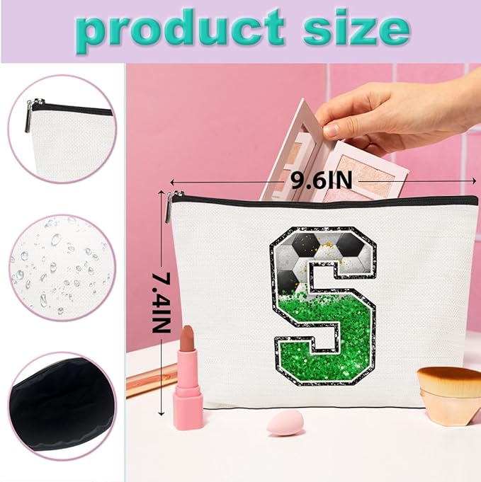 Initial Makeup Bag Monogrammed Cosmetic Bag Letter S Zipper Pouch Soccer Accessories for Girls Women Player Coach Friend Stuff Graduation Birthday Gifts