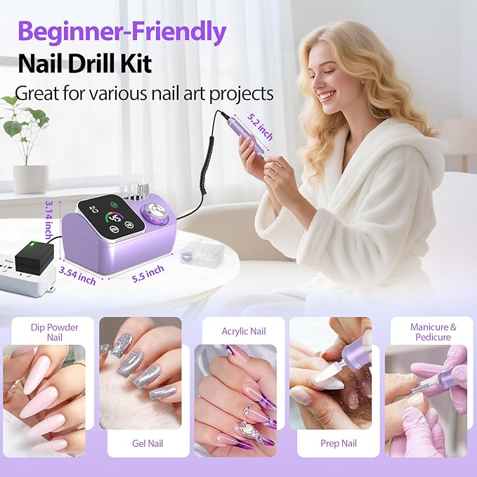 Professional Electric Nail Drill E-File Machine - 45,000 RPM Corded Nail Drills Kit with Low Noise & LED Display for Shaping, Removing & Polishing Acrylic Gel Nails for Salon Home