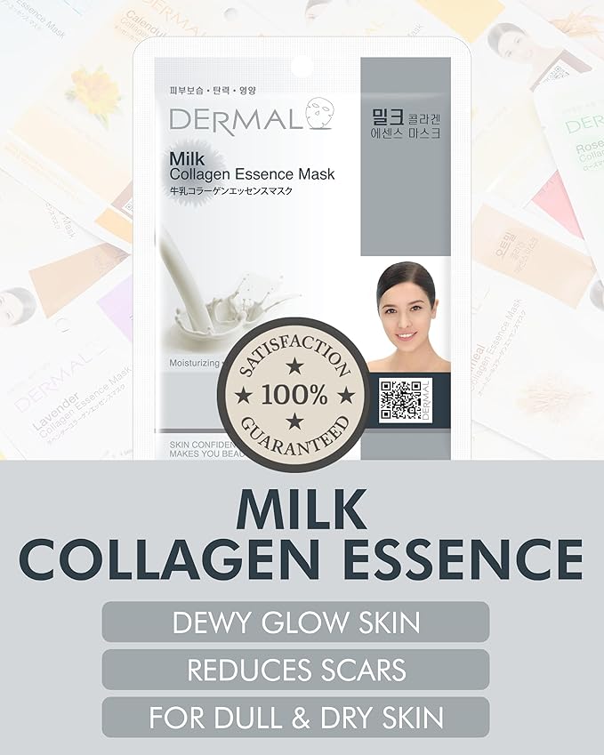 DERMAL Milk Collagen Essence Facial Mask Sheet 23g Pack of 10 - Skin Soft & Elastic, Nourishing and Moisturizing, Daily Skin Treatment Solution Sheet Mask