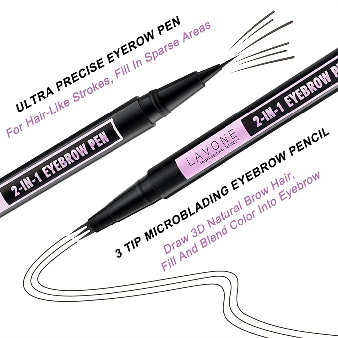LAVONE Eyebrow Pencil, 2-In-1 Waterproof Eyebrow Pen, with 3 Tip Microblading Eyebrow Pen and Ultra-Precise Brow Pencil, Dual-ended Eyebrow Brush, for Eyebrow Makeup - Medium Brown