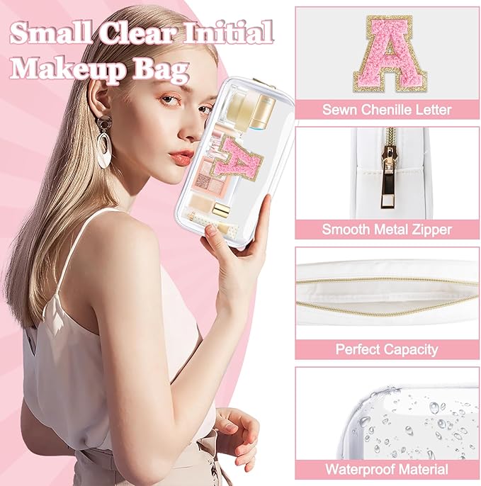 Small Clear Personalized Initial Makeup Bag,Nylon Preppy A-Z Chenille Letter Patch Cosmetic Pouch Beach Toiletry Bag,Waterproof Zipper Travel Purse Storage Bag Organizer for Women Girls(White-Pink A)