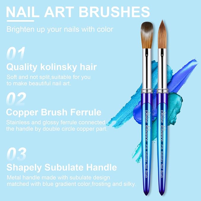 Acrylic Nail Brush Size 16, 100% Pure Kolinsky 3D Art Nail Brush with Gradient Blue Handle, Art Design Powder Nail Brush Pen for Nails Extension & Carving, Acrylic Application Tools