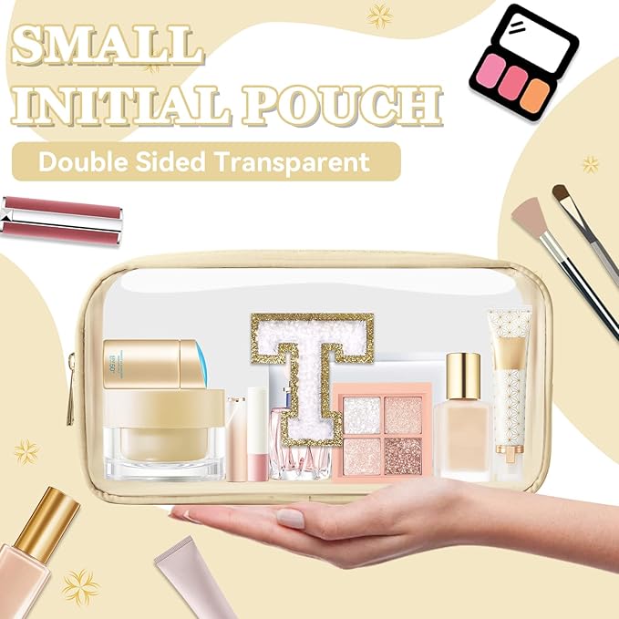Small Clear Personalized Initial Makeup Bag, Preppy Nylon A-Z Chenille Letter Patch Makeup Organizer TSA Approved Travel Toiletry Bag,Waterproof Zip Beach Cosmetic Pouch Purse for Women(Beige-White T)