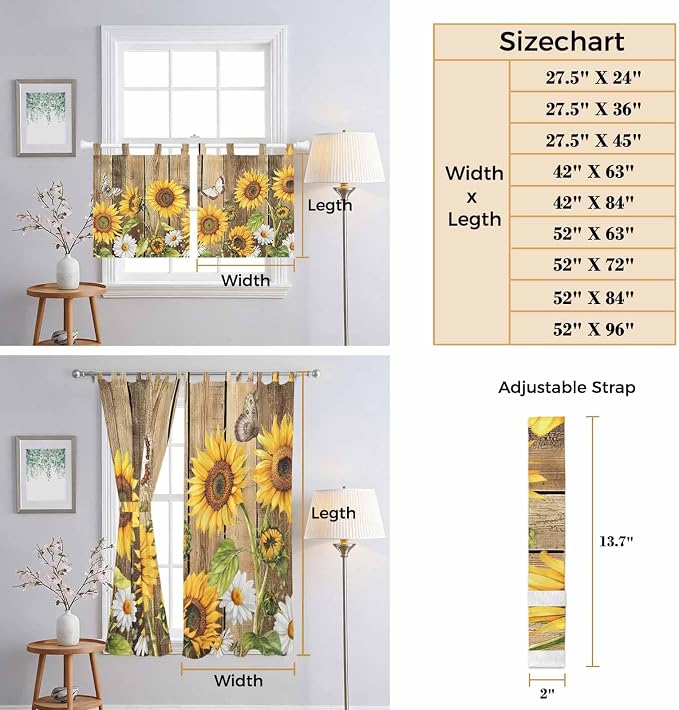 Farmhouse Sunflowers Living Room Curtains 84 Inch Length, Window Curtains Tab - Image 8