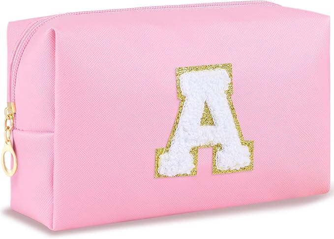 Initial Makeup Bag Personalized Preppy Cosmetic Bag Travel Toiletry Bag Waterproof PU Small Makeup Pouch Bag for Purse Birthday Gift Cute Stuff for Teen Girls Women (Pink A)