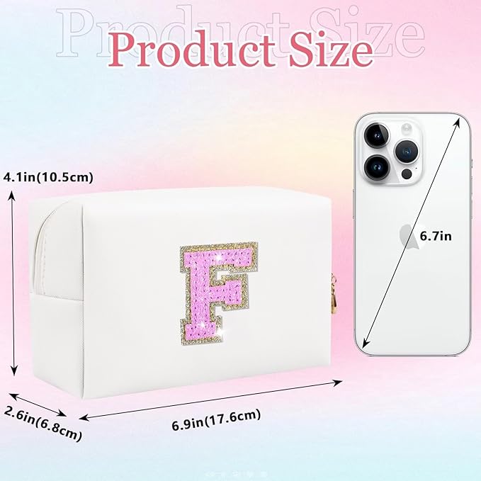 Glitter Initial Letter Makeup Bag, Small Personalized Sequins Letters PU Leather Cosmetic Bag Portable Waterproof Makeup Zipper Pouch, Shine Handbag Organizer Travel Bag Gifts for Women&Girls(White-F)