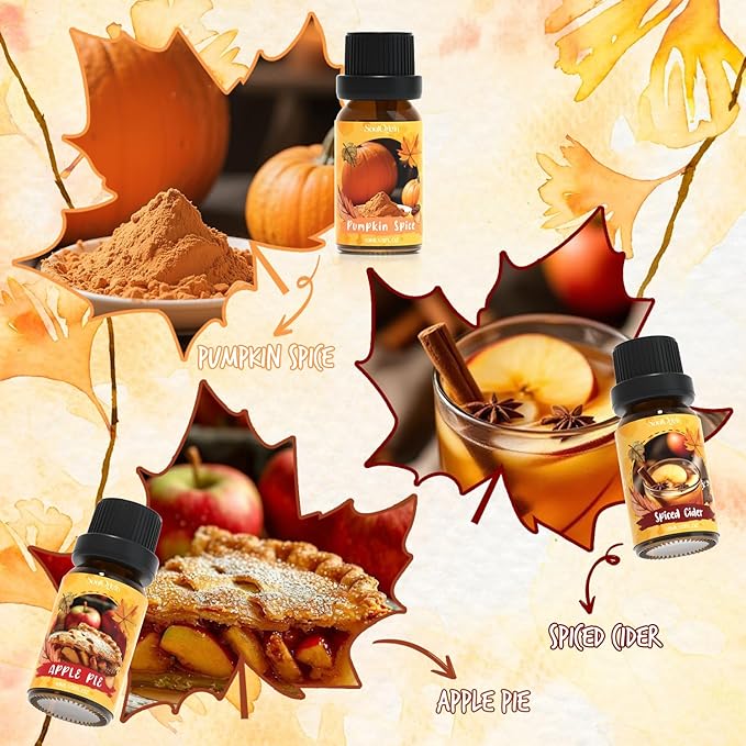 Autumn Fragrance Oils Set, Essential Oil for Diffuser, Fall Scent Diffuser Oil, Use for Soap Candle Making,Pumpkin Spice, Spiced Cider, Maple Syrup, Autumn Harvest, Cinnamon, and Apple Pie