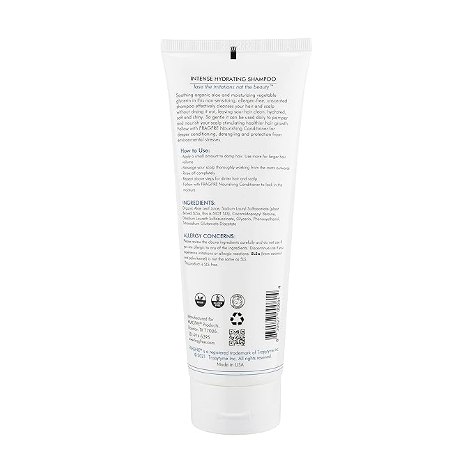 Intense Hydrating Shampoo 8 oz - Fragrance Free Hypoallergenic Sulfate Free Moisturizing Shampoo - Safe on Colors and Sensitive Scalps - Strenghtens Dry Hairs - Vegan Gluten Free Cruelty Free