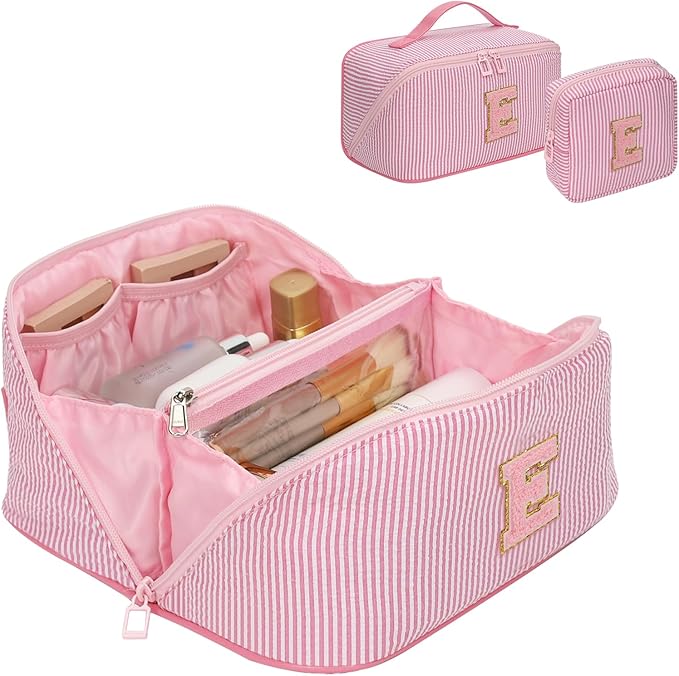 Travel Makeup Bag for Women, 2Pcs Portable Personalized Initial Makeup Organizer Bag, Open Flat Large Cosmetic Bag With Travel Essential Pouch (Pink Letter E)