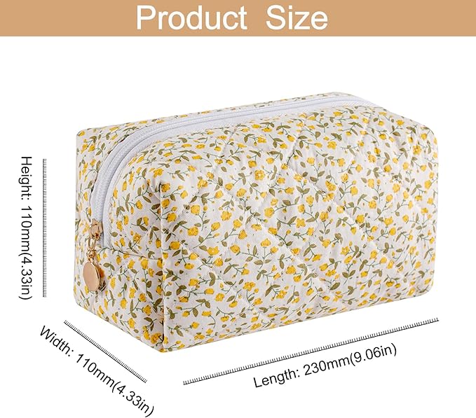 Makeup Bag Travel Cosmetic Bag for Women Girls, Zipper Make Up Pouch, Floral Flowers Toiletry Organizer Makeup, Portable Storage Cosmetic Travel Cloth Bag (Yellow Floral)