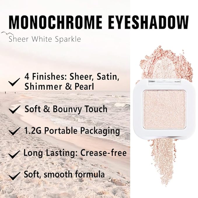 evpct Pear White Shimmer Single Eye shadow Palette Makeup for Older Women, Glitter Sparkly Pearl Shimmer Cream Eyeshadow Palette Brightener Make up, High Pigment Waterproof Monochrome Mini Eyeshadow