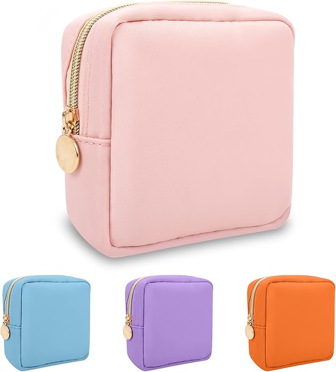 Nylon Mini Makeup Bag for Purse, Preppy Small Cute Pink Makeup Bag Cosmetic Zipper Pouch Purse, Waterproof Travel Coin Pouch Sanitary Napkin Storage Bag Clutch Makeup Organizer for Women Girls(Pink)