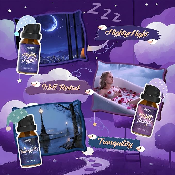 SALUBRITO Good Night Fragrance Oils, Premium Essential Oil Set for Diffuser, Soap, Candle Making scents, Nighty Night, Well Rested, Tranquility, Sweet Dream, Bed Time, Lavender Breeze