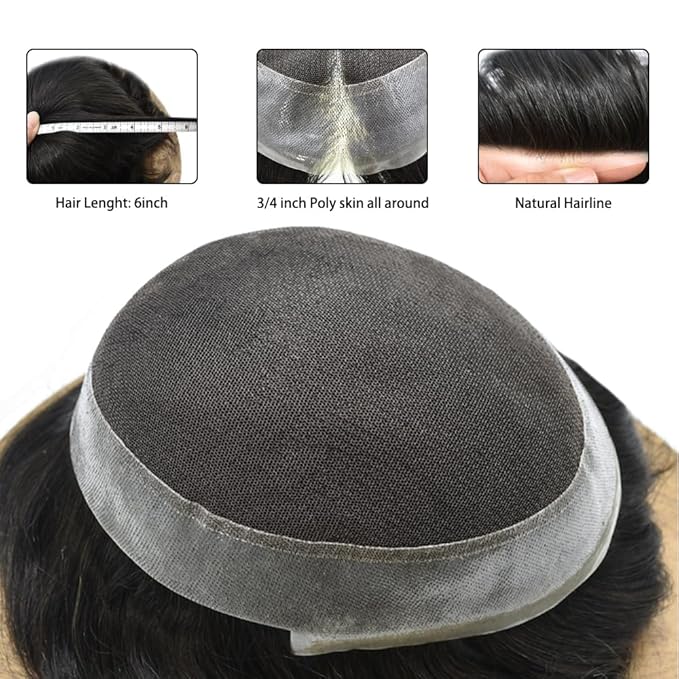 FACE MIRACLE Mens Hair System French Lace Center Mens Toupee Human Hair Replacement System Lace with PU Toupee for Men Male Hair Piece Wigs 6"X9" #1B20 Off Black with 20% Gray