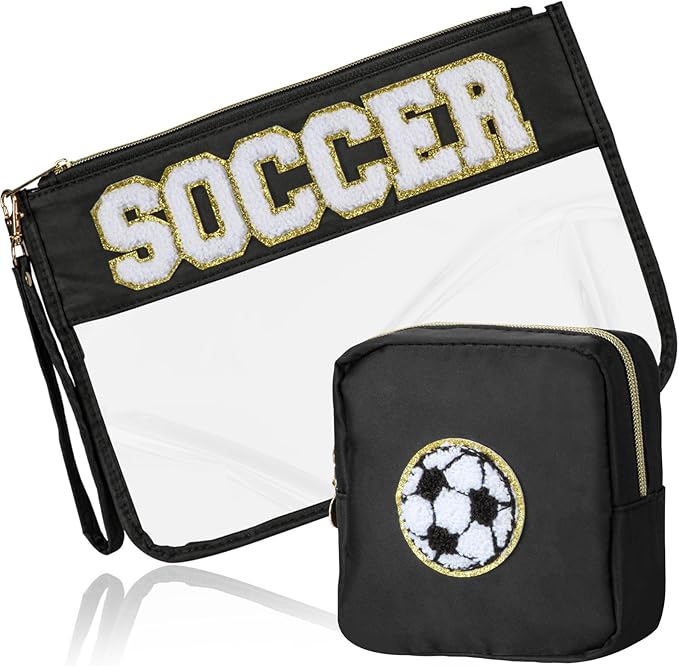 2 Pcs Soccer Gifts Makeup Bag with Chenille Letter Patch, Clear Cosmetic Pouch PVC Organizer Purse, Waterproof Travel Bag, Portable Toiletry Storage Bag for Her Girls Friends Women