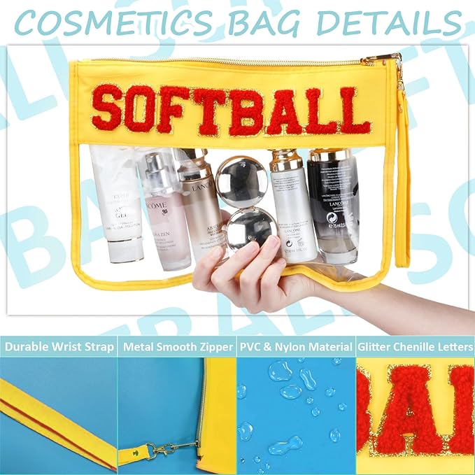 2 Pcs Softball Gifts Makeup Bag with Chenille Letter Patch, Clear Cosmetic Pouch PVC Organizer Purse, Waterproof Travel Bag, Portable Toiletry Storage Bag for Her Girls Friends Women
