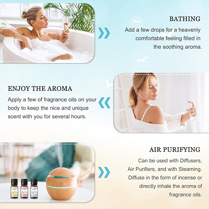 EUQEE Summer Fragrance Oil Gift Set of 6，Holiday Island Essential Oils Set for Humidifier, Aromarathepy-Pineapple, Coconut, Sea Breeze, Bubble Gum, Bay Rum, Marshmallow(10ml)