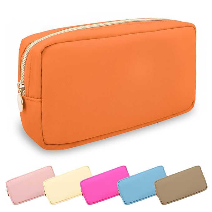 Small Makeup Bag Pouch for Purse, Nylon Travel Toiletry Storage Bag Cute Preppy Cosmetic Bag for Women Girls, Waterproof Makeup Organizer Bag Pouch Skincare Bag Purse with Zipper (Small-Peach)