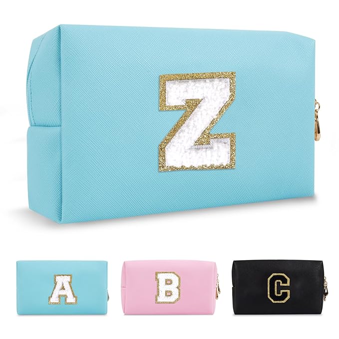 Small Personalized Initial A-Z Preppy Patch Makeup Bag,PU Chenille Letter Travel Cosmetic Pouch with Zipper,Blue Cute Toiletry Bag,Gift Ideal for Teen Girls Women Teacher Bridesmaid,Letter Z