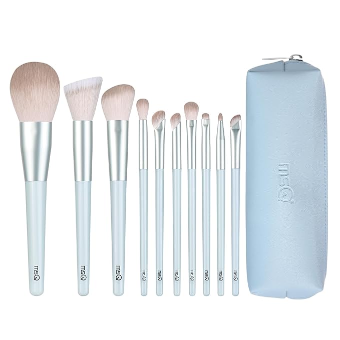 MSQ Make Up Brushes 10Pcs Powder Brushes Stipple Brush Synthetic Hair Makeup Brush Set with Bag for Powder Blending Contour Eyeshadow Eyeliner Nose Shader Concealer